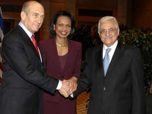 Olmert with Rice and Abbas in 2007